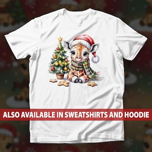 Christmas Baby Giraffe in Santa Hat and Scarf T-Shirt, Sitting Beside Xmas Tree Sweatshirt, Holiday Animal Lover Hoodie, Festive Top