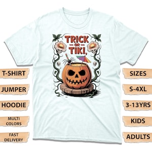 Trick or Tiki Halloween-T-shirt, Spooky Pumpkin Tiki Drin-trui, Fun Horror Scary Party-hoodie, Tiki & Halloween Lovers-T-shirt