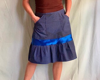 knee length skirt, wrap, aline, wraparound, blue, pockets, handmade, gift idea, one size fits most (small to large)