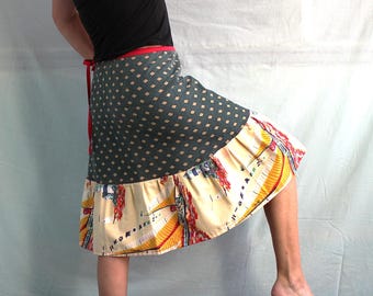 Falda cruzada estilo boho, falda de algodón hecha a mano con corte en A, pieza única.