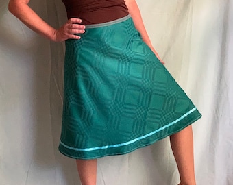 knee length skirt, wrap, aline, emerald, handmade, gift idea, one size fits most (small to large)