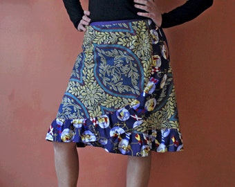 Wrap Skirt one size fits most (Medium - X/large) blue, yellow, ruffle, recycled fabric