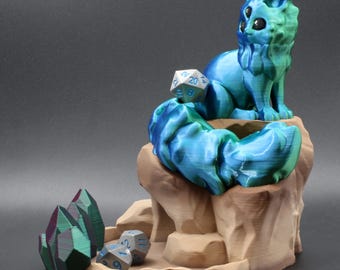 Crystal Dice Tower with Fox or Cat Guardian, 3D Printed DnD Dice Roller