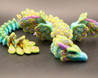 Shimmer Wing Peacock Dragon – Articulated 3D Printed Fantasy Dragon Figurine – Mythical Creature Collectible