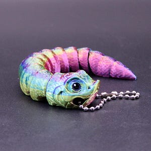 May include: A multi-coloured, articulated worm-shaped keyring. The worm has a gradient of colours, including blue, green, pink, and purple. It has a detailed head with a small, black eye and a silver chain.