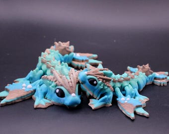 Teal Ocean Dragon Figurine – 3D Printed Fantasy Collectible with Sandy Accents