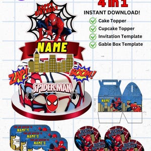 Topo de bolo temático do Homem-Aranha 4 em 1 e artesanato (cartão de convite e caixa Gable)