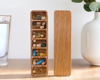 Wooden Weekly Pill Box, 7 Day Organizer for Pills, Cute Vitamin Case