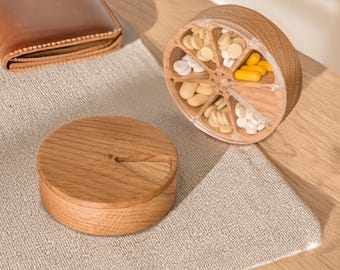 Pill Organizer 7 Day, Wooden Box for Pills, Weekly Vitamin Case