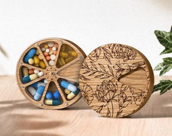 7 Day Pill Organizer, Wooden Box for Pills, Weekly Vitamin Case, Magnetic Lid with Flower Design