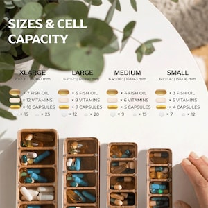 May include: Wooden pill organisers in four sizes: XLarge (180x60 mm), Large (170x50 mm), Medium (163x43 mm), and Small (155x36 mm). Each organiser has multiple compartments for fish oil, vitamins, and capsules. The image shows the capacity of each size.