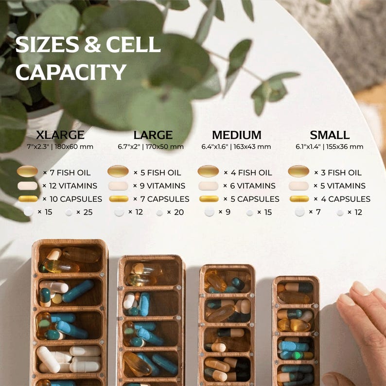 May include: Wooden pill organisers in four sizes: XLarge (180x60 mm), Large (170x50 mm), Medium (163x43 mm), and Small (155x36 mm). Each organiser has multiple compartments for fish oil, vitamins, and capsules. The image shows the capacity of each size.