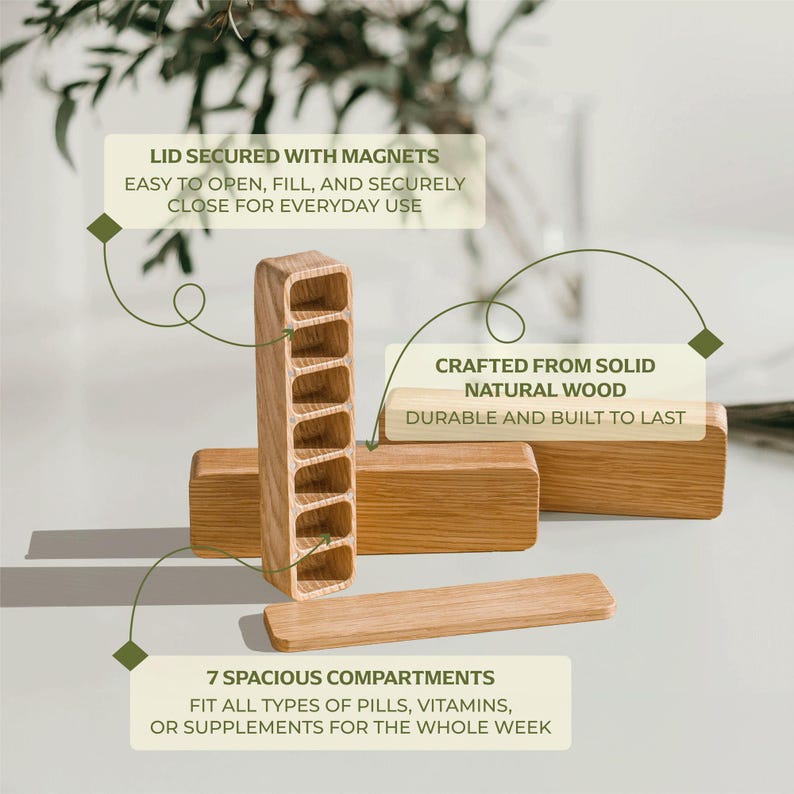 May include: Wooden pill organiser with seven compartments. The organiser is crafted from natural wood and features a lid secured with magnets. The text on the image says it is durable and built to last, and fits pills, vitamins, or supplements.