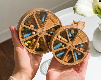 Cute Small Pill Box for Purse 7 Day Wooden Organizer for Pills Weekly Vitamin Case