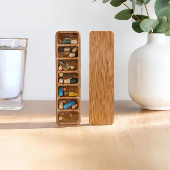Wooden Weekly Pill Box, 7 Day Organizer for Pills, Cute Vitamin Case
