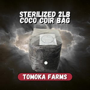 May include: A 2lb bag of sterilized coco coir, wrapped in clear plastic. The bag has a white label and a white dot. The text "STERILIZED 2LB COCO COIR BAG" is at the top, and "TOMOKA FARMS" is at the bottom.