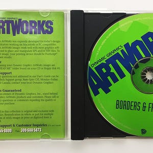 May include: A CD-ROM case with a green disc labeled "ARTWORKS" and "Borders & Frames I." The case includes a green and white insert with the text "INDEX and IDEAS" and company information. The disc is in a black case.