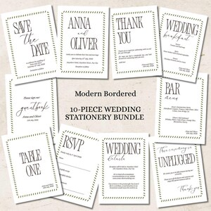 May include: A collection of ten white wedding stationery cards with a modern bordered design. The cards include "Save the Date," "Anna and Oliver," "Thank You," "Wedding Breakfast," "Guestbook," "Bar Menu," "Table One," "RSVP," "Wedding Details," and "Ceremony Unplugged" cards.