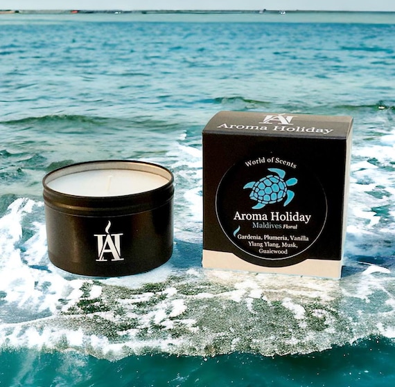 Maldives Scented Soy Candle: Beach Gardenia, Plumeria & Vanilla, Holiday Memory Gift.