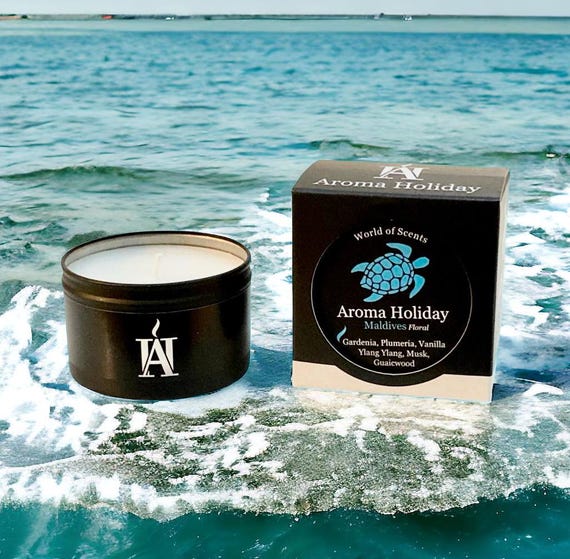 Maldives Scented Soy Candle: Beach Gardenia, Plumeria & Vanilla, Holiday Memory Gift.