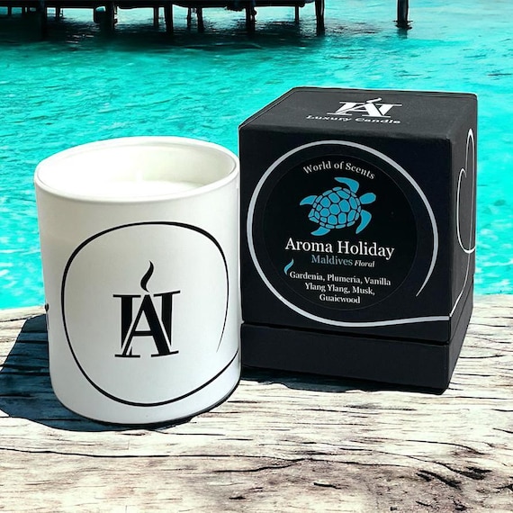 Maldives Scented Soy Luxury Glass Candle: Beach Gardenia, Plumeria & Vanilla
