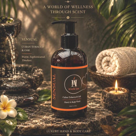 World Spa Cuban Tobacco & Oak Hand Wash – Luxury Vegan Liquid Soap – Musky Cleansing Scent