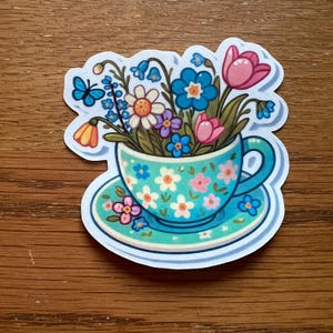 Pegatina de taza de café pastel con ramo de flores (verde salvia, azul y rosa) / Bonita pegatina impermeable para portátil, diario y botella de agua