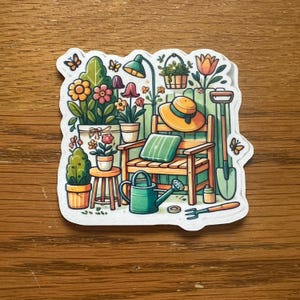 Pegatina de caseta de jardinero con flores y herramientas / Jardín estilo cottagecore / Pegatina impermeable grande de 8 x 7 cm / Pegatina para amantes de la jardinería