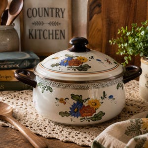 Vintage ASTA Enamel Dutch Oven, Old Amsterdam Floral Casserole Pot, West Germany MCM Cookware