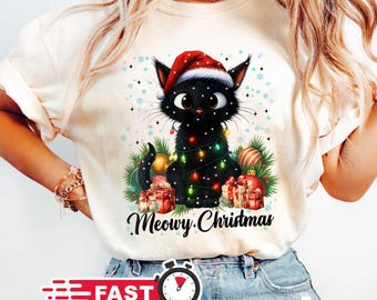 Mewy Christmas Black Cat T-shirt | Söt kattunge julbelysningst-t-shirt | Rolig kattälskare julklapp för kvinnor män barn | Kattmamma semesteroutfit