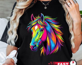 Colorful Pop Art Horse Shirt - Vibrant Rainbow Horse Tee - Artistic Horse Graphic T-Shirt - Neon Horse Lover Gift - Western Art Animal Shirt