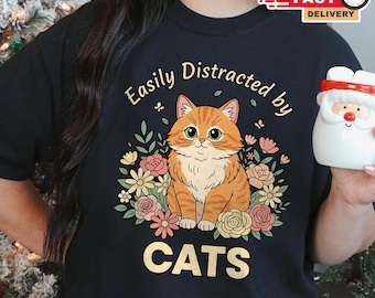 Camiseta "Fácilmente distraída por los gatos" para mujer - Regalo de San Valentín para mamás gatas - Camiseta floral con diseño de gatitos para amantes de los gatos, para mamás, novias y dueñas de gatos.