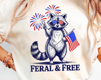 Maglietta "Feral And Free", Maglietta "Feral Raccoon", Giorno dell'Indipendenza, Maglietta del 4 luglio, Maglietta "Feral But Free", Maglietta "Patriot Raccoon", Maglietta "Freedom"