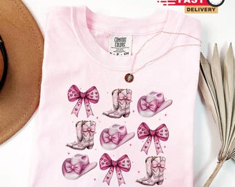 Maglietta da cowgirl civettuola per la mamma - Stivali western rosa con fiocco e cuori - Grazioso cappello da cowboy per San Valentino, completo da donna - Regali da cowgirl per ragazze