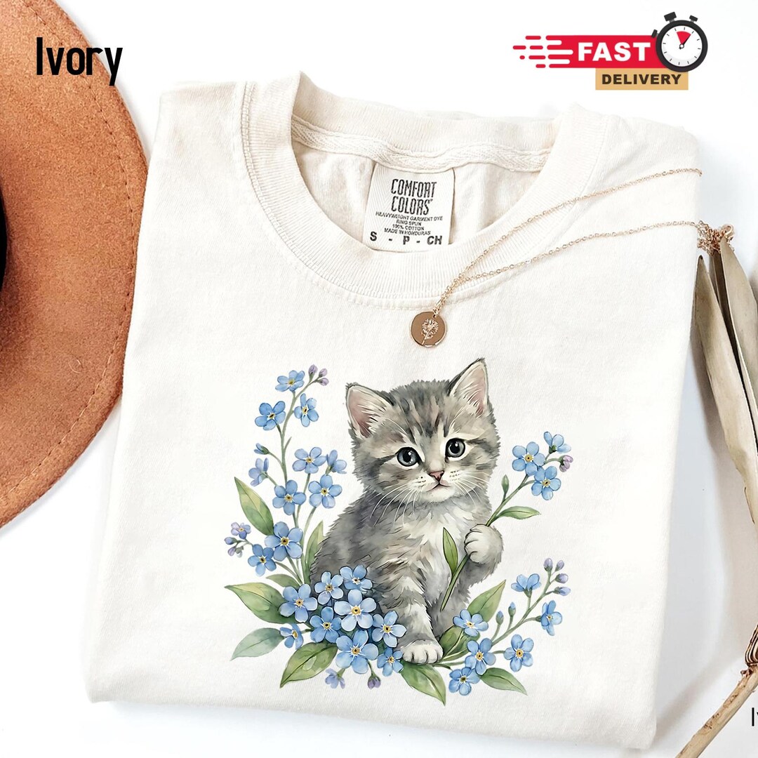 Cute Kitten Floral Shirt - Vintage Cat With Blue Flowers Tee ...