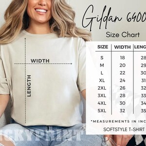 May include: Gildan 6000 Size Chart for softstyle t-shirts. The chart shows the width and length measurements in inches for sizes S through 5XL.