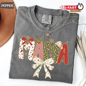 Christmas Mama Shirt, Coquette Bow Christmas Mama Tee, Retro Holiday Mom Shirt, Patchwork Christmas Mom Gift, Festive Mama Aesthetic Top