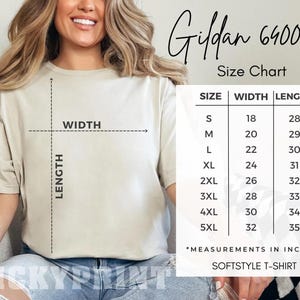 May include: A beige Gildan 64000 softstyle t-shirt with a size chart. The chart lists sizes S to 5XL, with measurements in inches for width and length. The shirt is being modeled by a person.