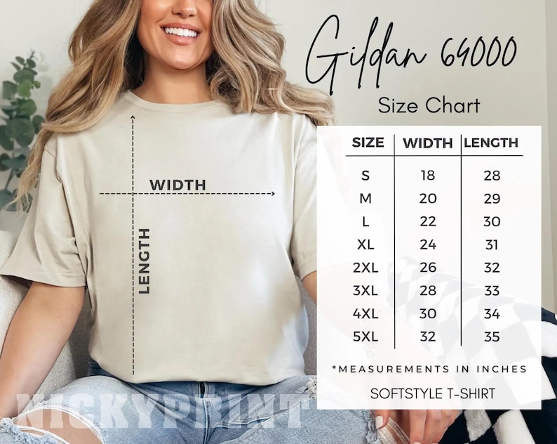 May include: A beige Gildan 64000 softstyle t-shirt with a size chart. The chart lists sizes S to 5XL, with measurements in inches for width and length. The shirt is being modeled by a person.