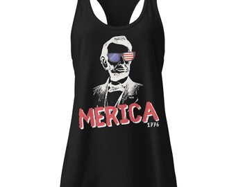 Camiseta sin mangas estilo racerback de Merica Lincoln: Estrellas y rayas rojas, blancas y azules