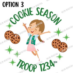 Op de afbeelding: Een digitale afbeelding met een cartoonmeisje in een Girl Scout-uniform, omringd door koekjes en sterren. De tekst luidt "Cookie Season" en "Troop 1234". Het woord "Optie 3" staat bovenaan.