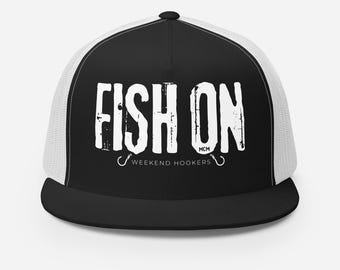 Fish On Trucker Hat – Fishing Hat for Men, Snapback Mesh Hat, Funny Angler Gift, Bass Trout Fishing Cap