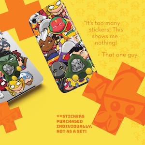 May include: Two phone cases with colorful cartoon superhero designs. One case is on a laptop, the other is on a phone. The phone case has the quote, "It's too many stickers! This shows me nothing!"