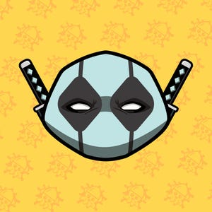 May include: A cartoon illustration of a mask with a light blue face, black diamond-shaped eye coverings, and two katanas. The background is yellow with a repeating pattern of orange floral designs.