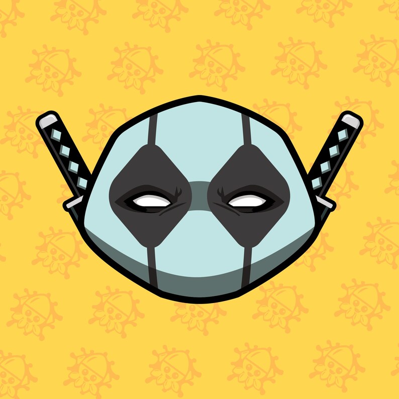 May include: A cartoon illustration of a mask with a light blue face, black diamond-shaped eye coverings, and two katanas. The background is yellow with a repeating pattern of orange floral designs.