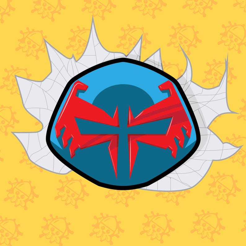 Może przedstawiać: Stylizowany emblemat z niebieskim kształtem tarczy i czerwonym wzorem. Czerwony wz&oacute;r zawiera dwa kształty przypominające skrzydła i pionową linię. Emblemat umieszczony jest na ż&oacute;łtym tle z powtarzającym się wzorem.