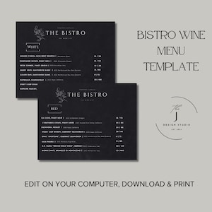 Monochromatyczne menu listy win, szablon cyfrowy, natychmiastowe pobieranie, menu bistro