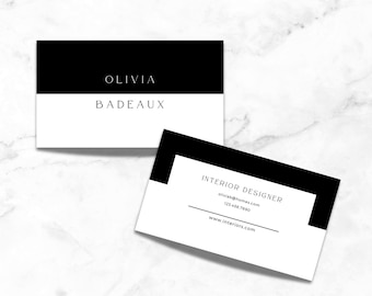 Könnte beinhalten: Schwarz-weiße Visitenkarte mit dem Namen Olivia Badeaux und dem Text "Interior Designer" mit Kontaktinformationen.
