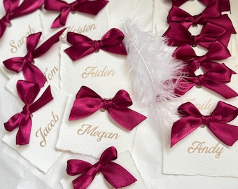 Wedding Folded Place Cards with Satin Ribbon Bow Modern  Name Card Tags Minimalist Elegant Handmade Deckle Edge Paper Christmas Table Decor