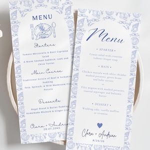 Plantilla de menú de boda con conchas marinas, menú de despedida de soltera, letreros de boda con temática de playa costera, conchas azules, mesa de tela azul, fiesta BC10